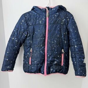 ZeroXposur Girls 4T Hooded Puffer Jacket Navy Pink Star Print Winter Coat